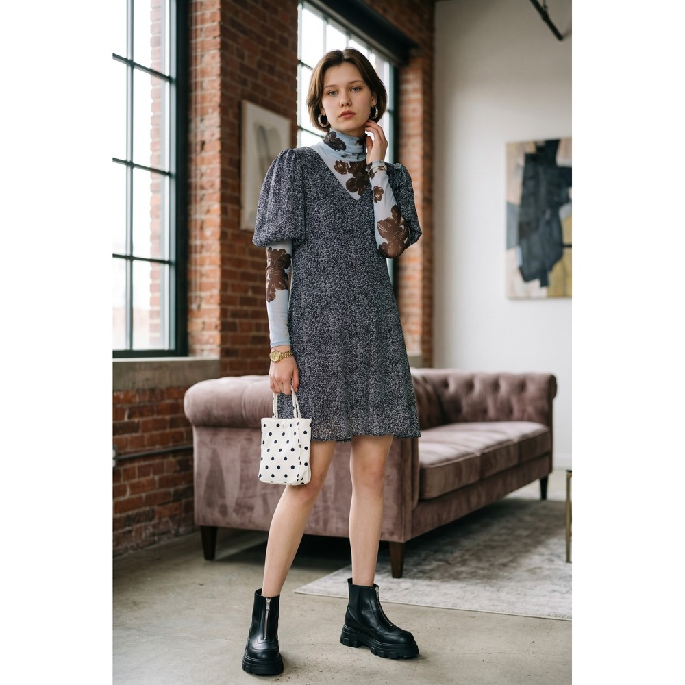 GANNI Ditsy Floral Puff Sleeve V-Neck Mini Dress EU 36 Phantom Blue Copenhagen